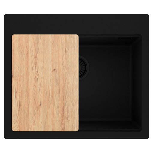 HD Infinity Black 58 egymedencés gránit mosogatótálca, vágódeszkával, matt fekete színben, matt fekete leeresztő szifonnal