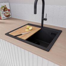 HD Infinity Black 58 egymedencés gránit mosogatótálca, vágódeszkával, matt fekete színben, matt fekete leeresztő szifonnal