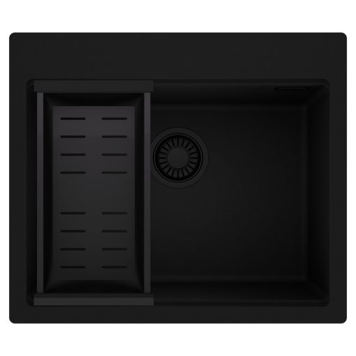 HD Infinity Black 58 egymedencés gránit mosogatótálca szett, matt fekete csepegtetőkosárral, matt fekete színben, matt fekete leeresztő szifonnal