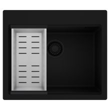 HD Infinity Black 58 egymedencés gránit mosogatótálca szett, acél csepegtetőkosárral, matt fekete színben, matt fekete leeresztő szifonnal