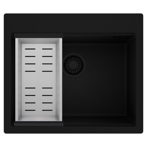 HD Infinity Black 58 egymedencés gránit mosogatótálca szett, acél csepegtetőkosárral, matt fekete színben, matt fekete leeresztő szifonnal