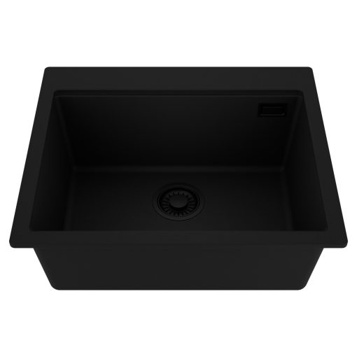 HD Infinity Black 58 egymedencés gránit mosogatótálca, matt fekete színben, matt fekete leeresztő szifonnal