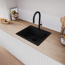 HD Infinity Black 58 egymedencés gránit mosogatótálca, matt fekete színben, matt fekete leeresztő szifonnal