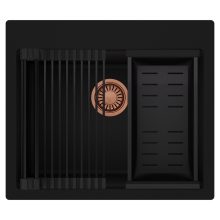 HD Infinity Black 58 egymedencés gránit mosogatótálca szett, matt fekete csepegtetőráccsal és kosárral, matt fekete színben, szálcsiszolt réz leeresztő szifonnal