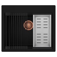 HD Infinity Black 58 egymedencés gránit mosogatótálca szett, matt fekete csepegtetőráccsal és krómozott kosárral, matt fekete színben, szálcsiszolt réz leeresztő szifonnal