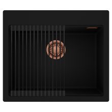 HD Infinity Black 58 egymedencés gránit mosogatótálca szett, matt fekete csepegtetőráccsal, matt fekete színben, szálcsiszolt réz leeresztő szifonnal