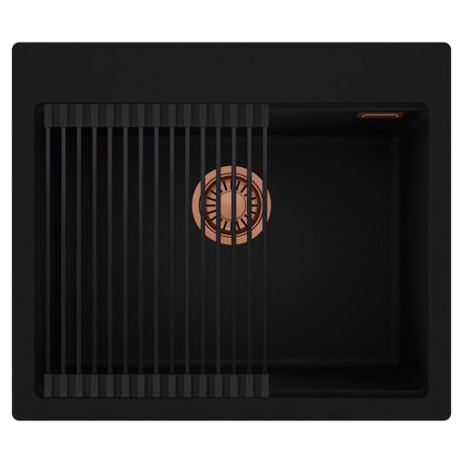 HD Infinity Black 58 egymedencés gránit mosogatótálca szett, matt fekete csepegtetőráccsal, matt fekete színben, szálcsiszolt réz leeresztő szifonnal