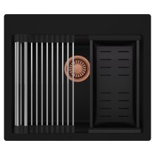 HD Infinity Black 58 egymedencés gránit mosogatótálca szett, acél csepegtetőráccsal és matt fekete kosárral, matt fekete színben, szálcsiszolt réz leeresztő szifonnal