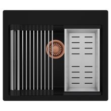HD Infinity Black 58 egymedencés gránit mosogatótálca szett, acél csepegtetőráccsal és kosárral, matt fekete színben, szálcsiszolt réz leeresztő szifonnal