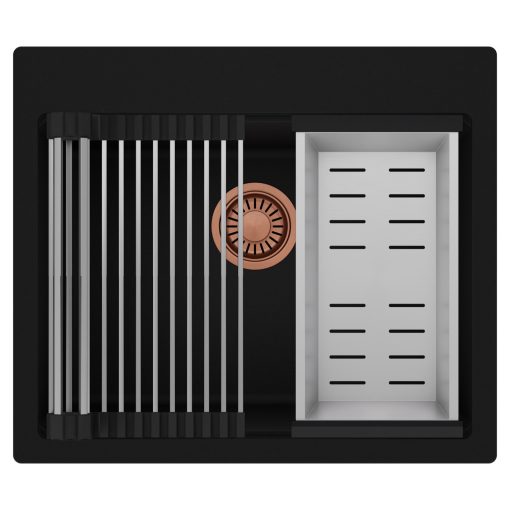 HD Infinity Black 58 egymedencés gránit mosogatótálca szett, acél csepegtetőráccsal és kosárral, matt fekete színben, szálcsiszolt réz leeresztő szifonnal