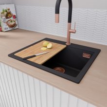 HD Infinity Black 58 egymedencés gránit mosogatótálca szett, vágódeszkával, matt fekete csepegtetőráccsal és kosárral, matt fekete színben, szálcsiszolt réz leeresztő szifonnal