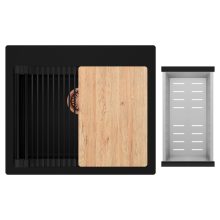 HD Infinity Black 58 egymedencés gránit mosogatótálca szett, vágódeszkával, matt fekete csepegtetőráccsal és krómozott kosárral, matt fekete színben, szálcsiszolt réz leeresztő szifonnal