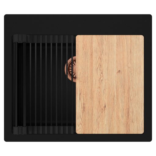 HD Infinity Black 58 egymedencés gránit mosogatótálca szett, vágódeszkával, matt fekete csepegtetőráccsal, matt fekete színben, szálcsiszolt réz leeresztő szifonnal