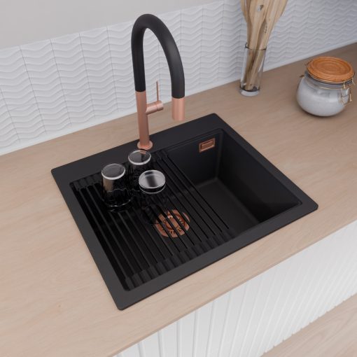 HD Infinity Black 58 egymedencés gránit mosogatótálca szett, vágódeszkával, matt fekete csepegtetőráccsal, matt fekete színben, szálcsiszolt réz leeresztő szifonnal