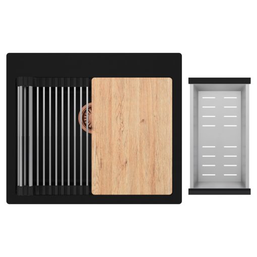 HD Infinity Black 58 egymedencés gránit mosogatótálca szett, vágódeszkával, acél csepegtetőráccsal és kosárral, matt fekete színben, szálcsiszolt réz leeresztő szifonnal