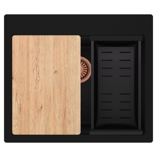 HD Infinity Black 58 egymedencés gránit mosogatótálca szett, vágódeszkával, matt fekete csepegtetőkosárral, matt fekete színben, szálcsiszolt réz leeresztő szifonnal