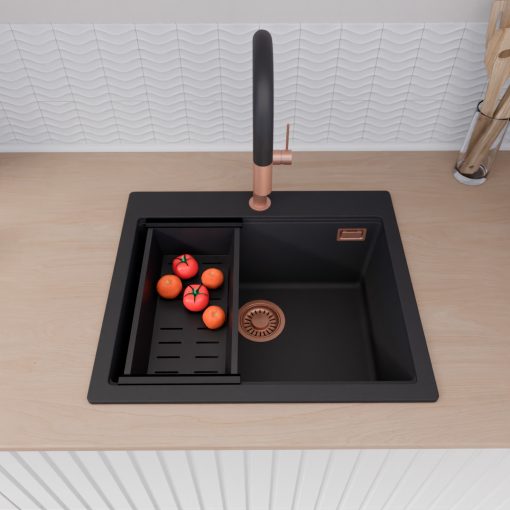 HD Infinity Black 58 egymedencés gránit mosogatótálca szett, vágódeszkával, matt fekete csepegtetőkosárral, matt fekete színben, szálcsiszolt réz leeresztő szifonnal