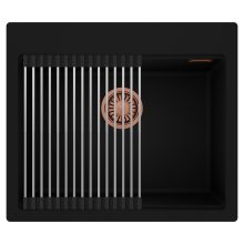 HD Infinity Black 58 egymedencés gránit mosogatótálca szett, acél csepegtetőráccsal, matt fekete színben, szálcsiszolt réz leeresztő szifonnal