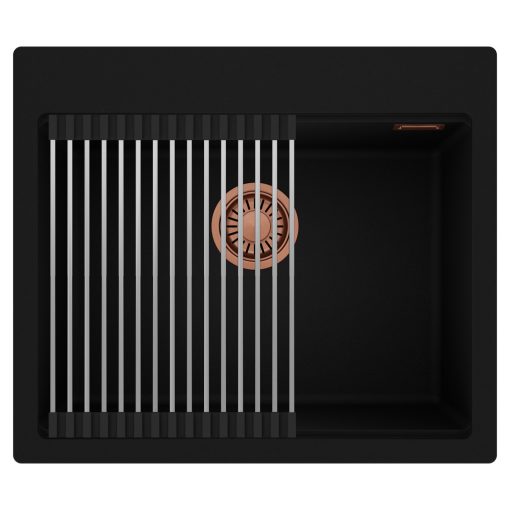 HD Infinity Black 58 egymedencés gránit mosogatótálca szett, acél csepegtetőráccsal, matt fekete színben, szálcsiszolt réz leeresztő szifonnal