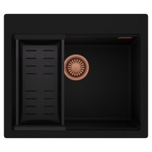 HD Infinity Black 58 egymedencés gránit mosogatótálca szett, matt fekete csepegtetőkosárral, matt fekete színben, szálcsiszolt réz leeresztő szifonnal