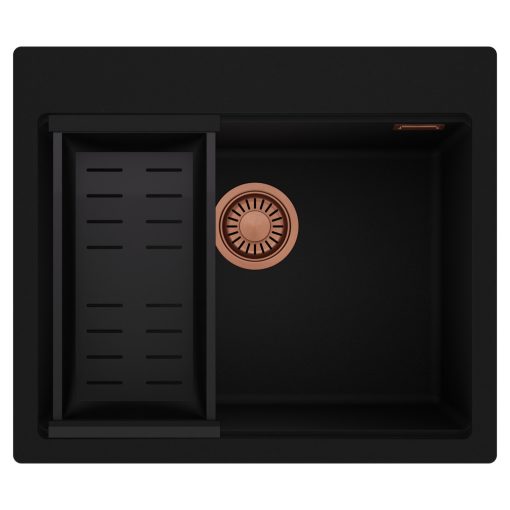 HD Infinity Black 58 egymedencés gránit mosogatótálca szett, matt fekete csepegtetőkosárral, matt fekete színben, szálcsiszolt réz leeresztő szifonnal