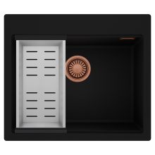 HD Infinity Black 58 egymedencés gránit mosogatótálca szett, acél csepegtetőkosárral, matt fekete színben, szálcsiszolt réz leeresztő szifonnal