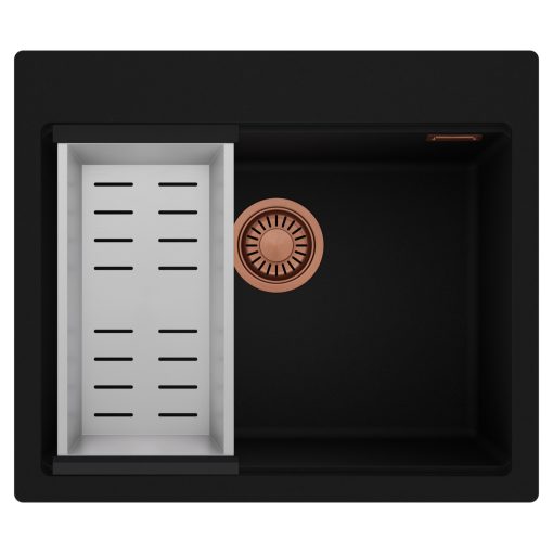 HD Infinity Black 58 egymedencés gránit mosogatótálca szett, acél csepegtetőkosárral, matt fekete színben, szálcsiszolt réz leeresztő szifonnal