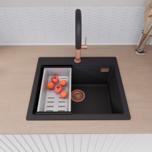 HD Infinity Black 58 egymedencés gránit mosogatótálca szett, acél csepegtetőkosárral, matt fekete színben, szálcsiszolt réz leeresztő szifonnal