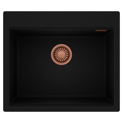 HD Infinity Black 58 egymedencés gránit mosogatótálca, matt fekete színben, szálcsiszolt réz leeresztő szifonnal