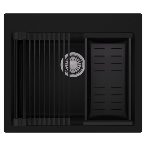 HD Infinity Black 58 egymedencés gránit mosogatótálca szett, matt fekete csepegtetőráccsal és kosárral, matt fekete színben