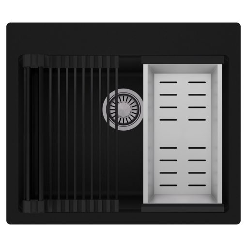 HD Infinity Black 58 egymedencés gránit mosogatótálca szett, matt fekete csepegtetőráccsal és krómozott kosárral, matt fekete színben