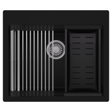 HD Infinity Black 58 egymedencés gránit mosogatótálca szett, acél csepegtetőráccsal és matt fekete kosárral, matt fekete színben