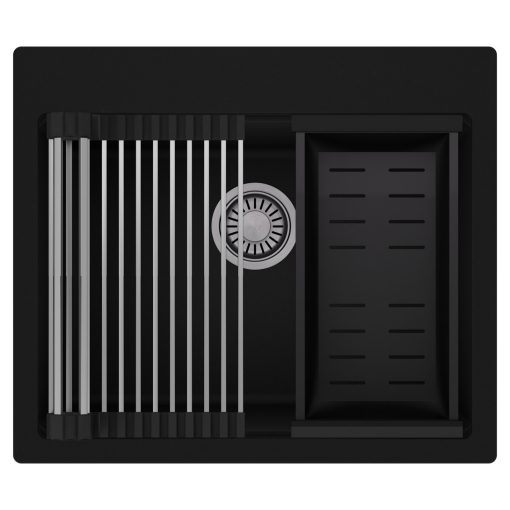 HD Infinity Black 58 egymedencés gránit mosogatótálca szett, acél csepegtetőráccsal és matt fekete kosárral, matt fekete színben