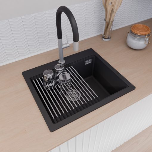 HD Infinity Black 58 egymedencés gránit mosogatótálca szett, acél csepegtetőráccsal és matt fekete kosárral, matt fekete színben