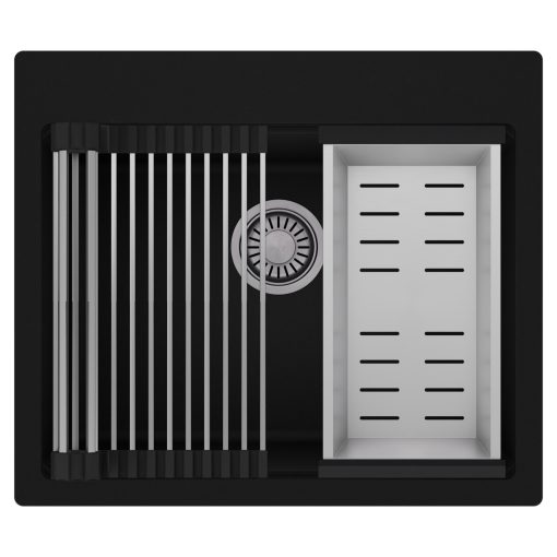 HD Infinity Black 58 egymedencés gránit mosogatótálca szett, acél csepegtetőráccsal és kosárral, matt fekete színben