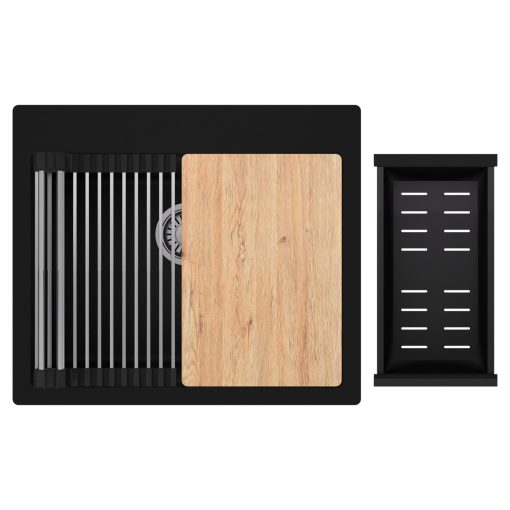 HD Infinity Black 58 egymedencés gránit mosogatótálca szett, vágódeszkával, acél csepegtetőráccsal és matt fekete kosárral, matt fekete színben