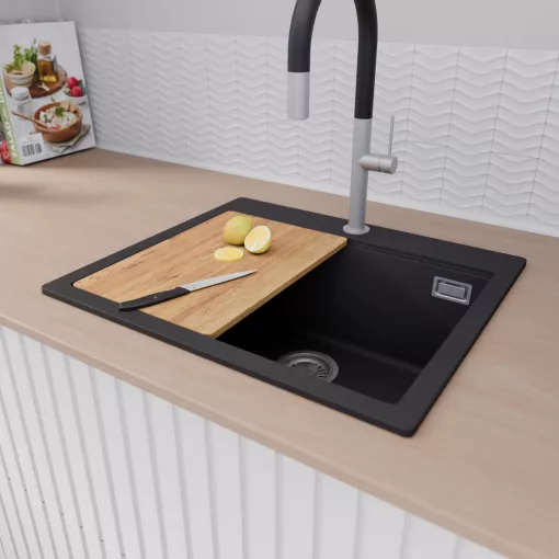 HD Infinity Black 58 egymedencés gránit mosogatótálca szett, vágódeszkával, acél csepegtetőráccsal és kosárral, matt fekete színben