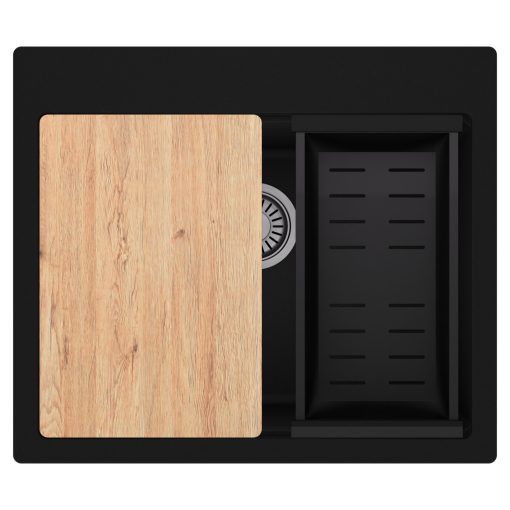 HD Infinity Black 58 egymedencés gránit mosogatótálca szett, vágódeszkával, matt fekete csepegtetőkosárral, matt fekete színben