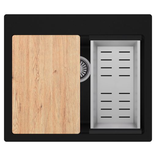 HD Infinity Black 58 egymedencés gránit mosogatótálca szett, vágódeszkával, acél csepegtetőkosárral, matt fekete színben