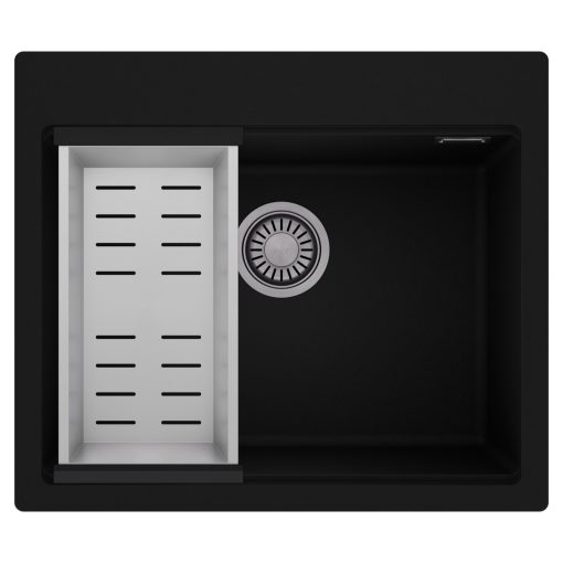 HD Infinity Black 58 egymedencés gránit mosogatótálca szett, acél csepegtetőkosárral, matt fekete színben