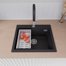 HD Infinity Black 58 egymedencés gránit mosogatótálca szett, acél csepegtetőkosárral, matt fekete színben