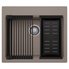 HD Infinity Tortora 58 egymedencés gránit mosogatótálca szett, matt fekete csepegtetőráccsal és kosárral, tortora színben, szálcsiszolt króm leeresztő szifonnal