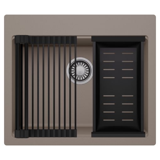 HD Infinity Tortora 58 egymedencés gránit mosogatótálca szett, matt fekete csepegtetőráccsal és kosárral, tortora színben, szálcsiszolt króm leeresztő szifonnal