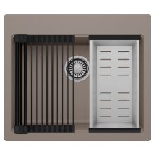 HD Infinity Tortora 58 egymedencés gránit mosogatótálca szett, matt fekete csepegtetőráccsal és krómozott kosárral, tortora színben, szálcsiszolt króm leeresztő szifonnal