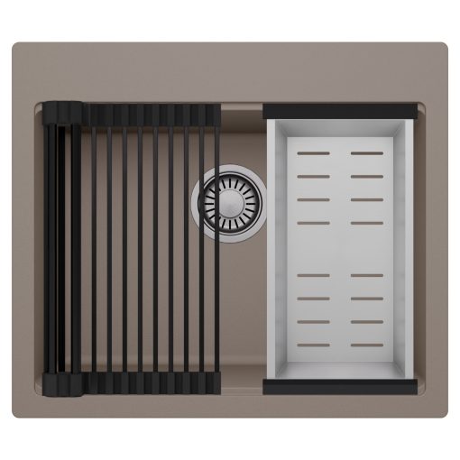 HD Infinity Tortora 58 egymedencés gránit mosogatótálca szett, matt fekete csepegtetőráccsal és krómozott kosárral, tortora színben, szálcsiszolt króm leeresztő szifonnal