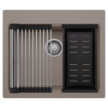 HD Infinity Tortora 58 egymedencés gránit mosogatótálca szett, acél csepegtetőráccsal és matt fekete kosárral, tortora színben, szálcsiszolt króm leeresztő szifonnal