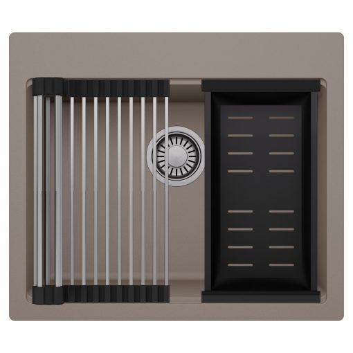 HD Infinity Tortora 58 egymedencés gránit mosogatótálca szett, acél csepegtetőráccsal és matt fekete kosárral, tortora színben, szálcsiszolt króm leeresztő szifonnal