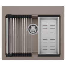 HD Infinity Tortora 58 egymedencés gránit mosogatótálca szett, acél csepegtetőráccsal és kosárral, tortora színben, szálcsiszolt króm leeresztő szifonnal
