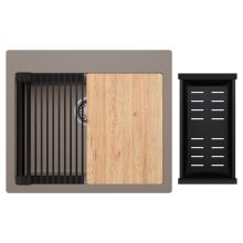 HD Infinity Tortora 58 egymedencés gránit mosogatótálca szett, vágódeszkával, matt fekete csepegtetőráccsal és kosárral, tortora színben, szálcsiszolt króm leeresztő szifonnal