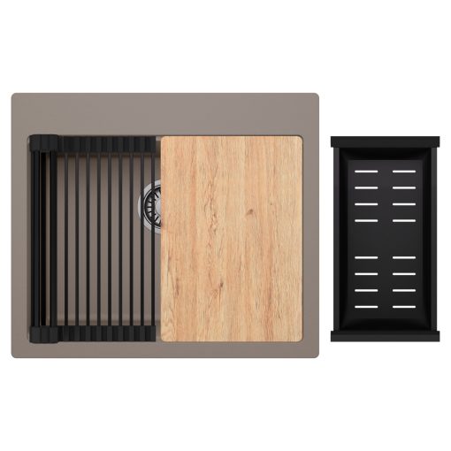 HD Infinity Tortora 58 egymedencés gránit mosogatótálca szett, vágódeszkával, matt fekete csepegtetőráccsal és kosárral, tortora színben, szálcsiszolt króm leeresztő szifonnal